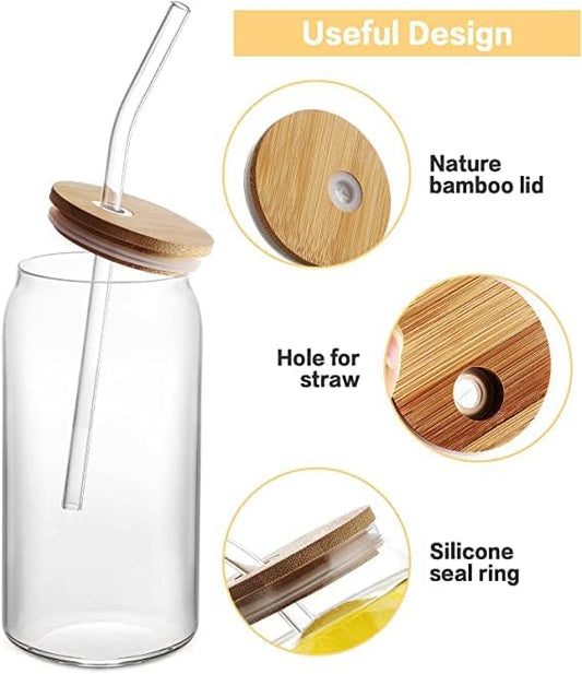 Can Glass Mug with Straw and Lid - 540 ML