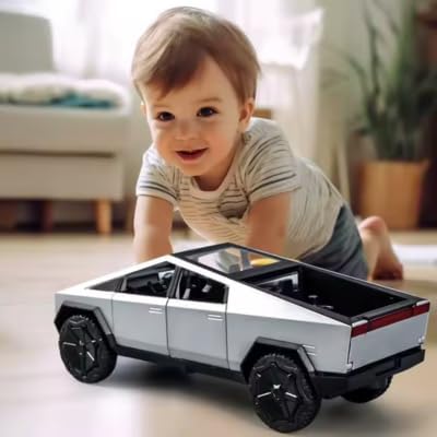 Tesla Cyber Truck 1:36 Model Car Exclusive Alloy Metal Pull Back Die-cast Car Diecast Metal Toy car with Openable Doors & Light Music Best Gifts Toys Kids silver color {pack of 1}