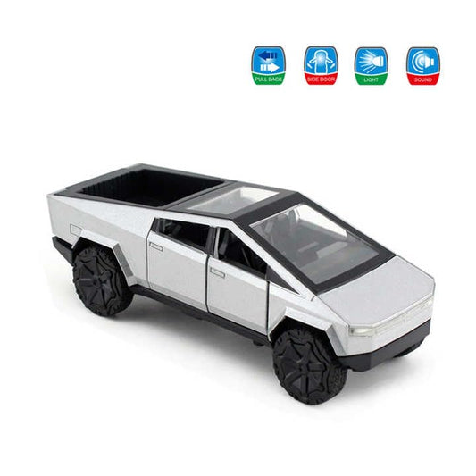 Tesla Cyber Truck 1:36 Model Car Exclusive Alloy Metal Pull Back Die-cast Car Diecast Metal Toy car with Openable Doors & Light Music Best Gifts Toys Kids silver color {pack of 1}
